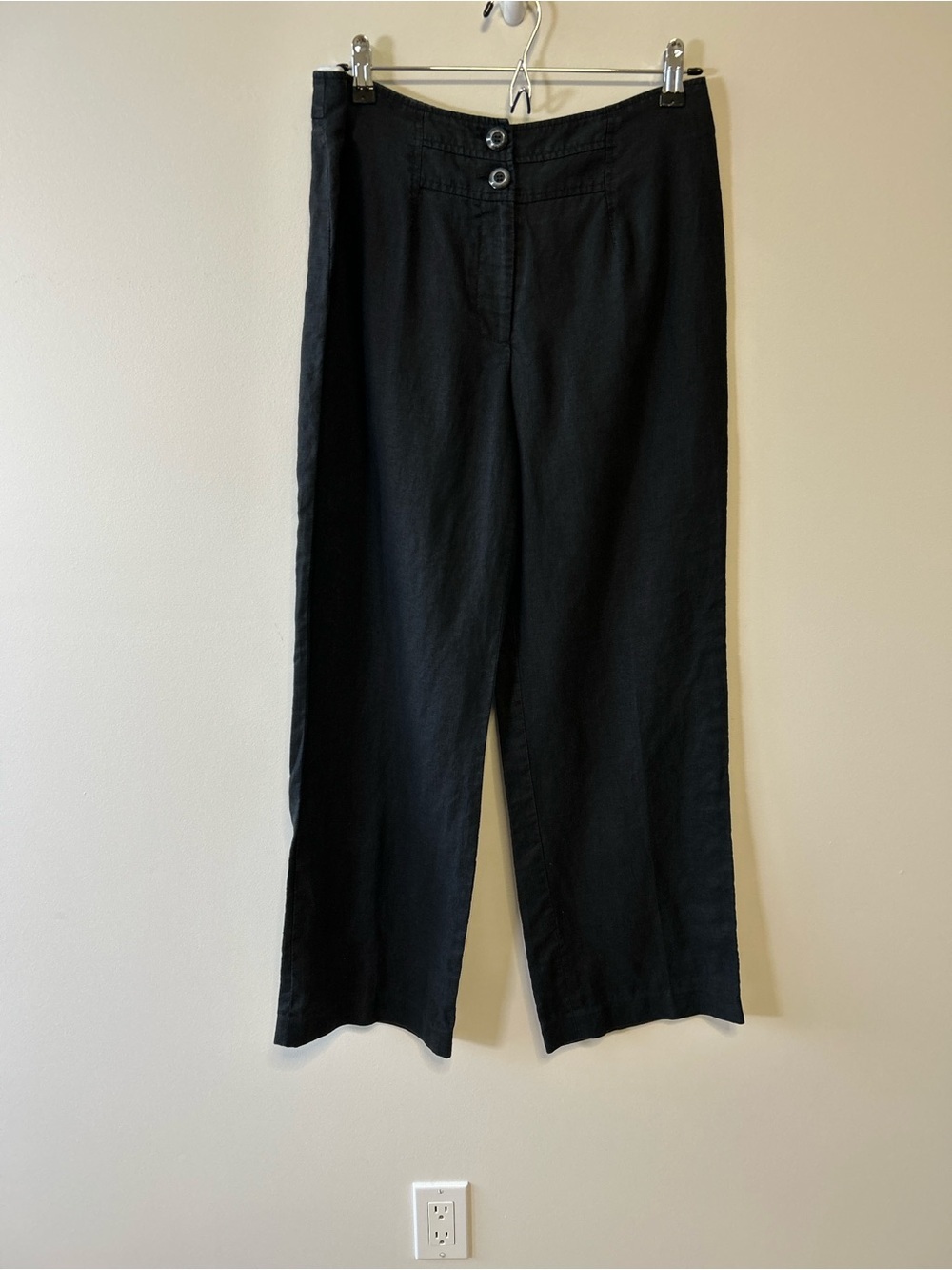 Laura Petites 8P Black Straight-Leg Pants Classic Casual Trousers 100% Linen